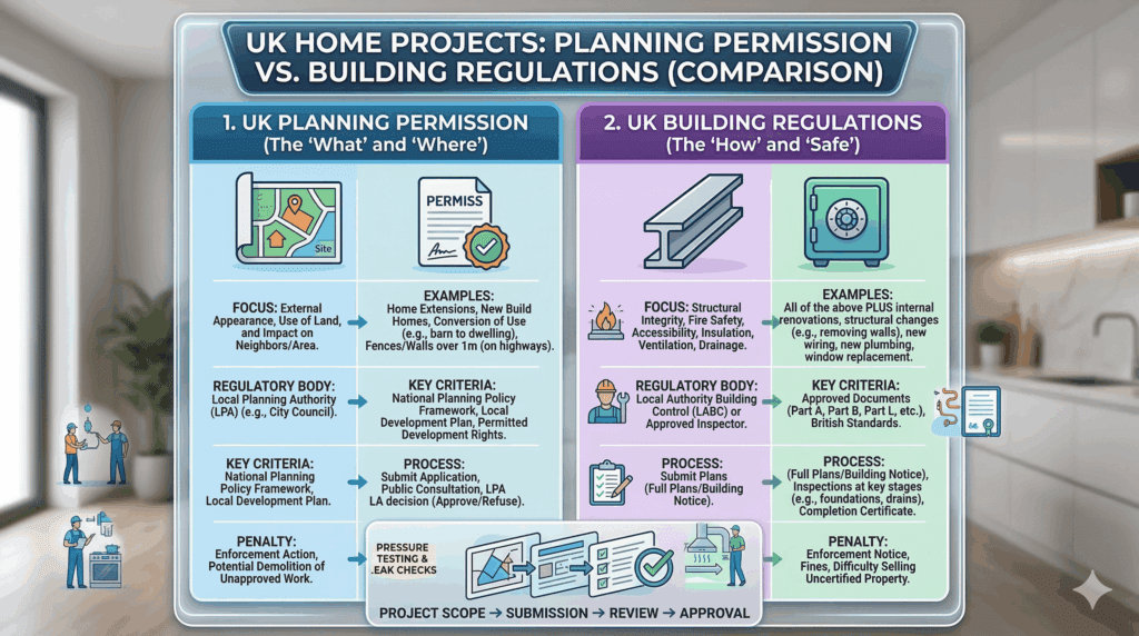 Table Comparing Uk Home Projects Planning Permission Versus Building Regulation | MHK Kitchen Experts
