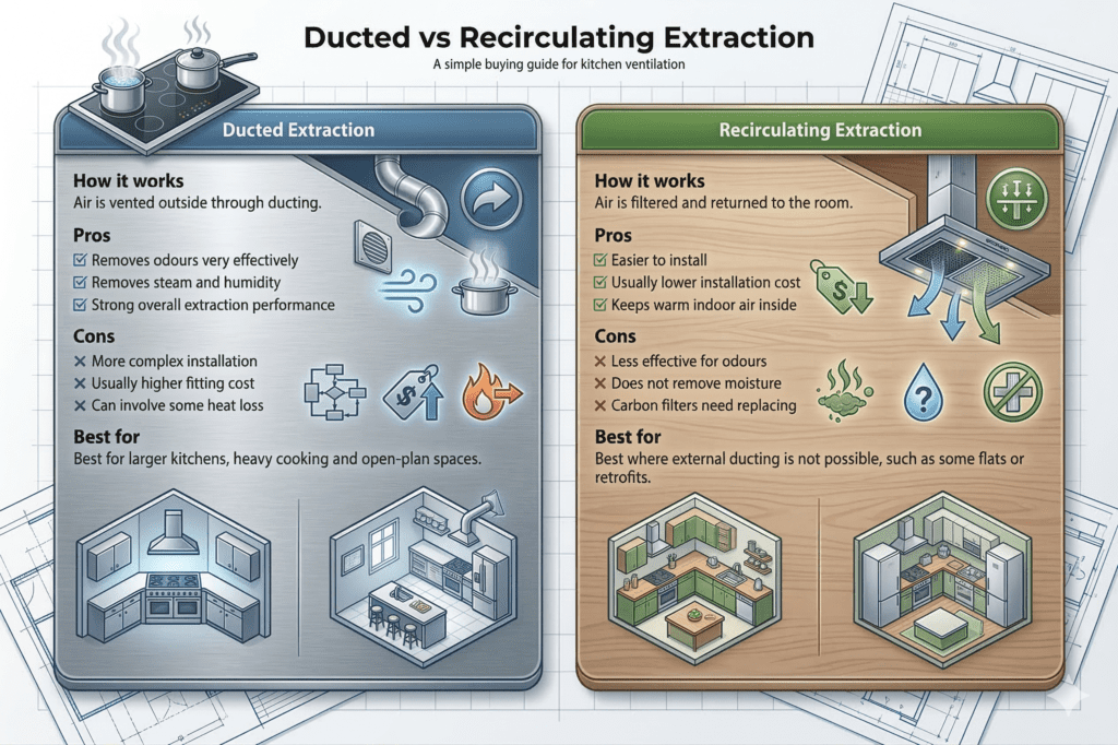 ducted vs recirculating cooker hood comparison table showing pros cons efficiency installation and maintenance | MHK Kitchen Experts