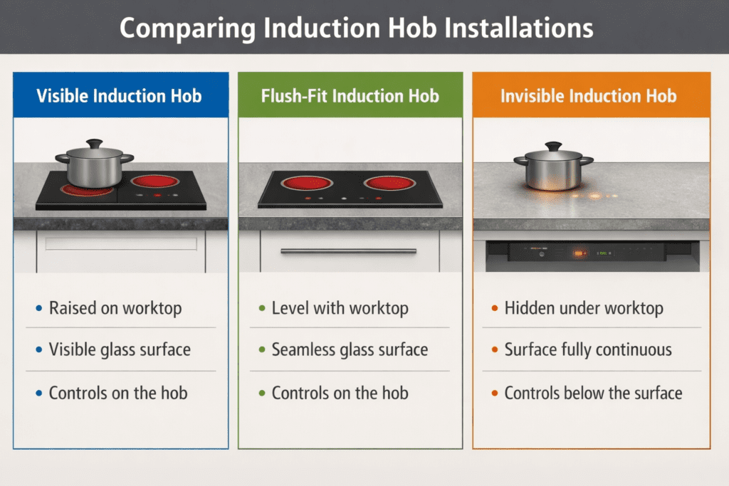 Visible vs flush-fit vs invisible induction hob comparison graphic showing three installation types side by side, including raised hob, level worktop integration and hidden under-worktop induction.