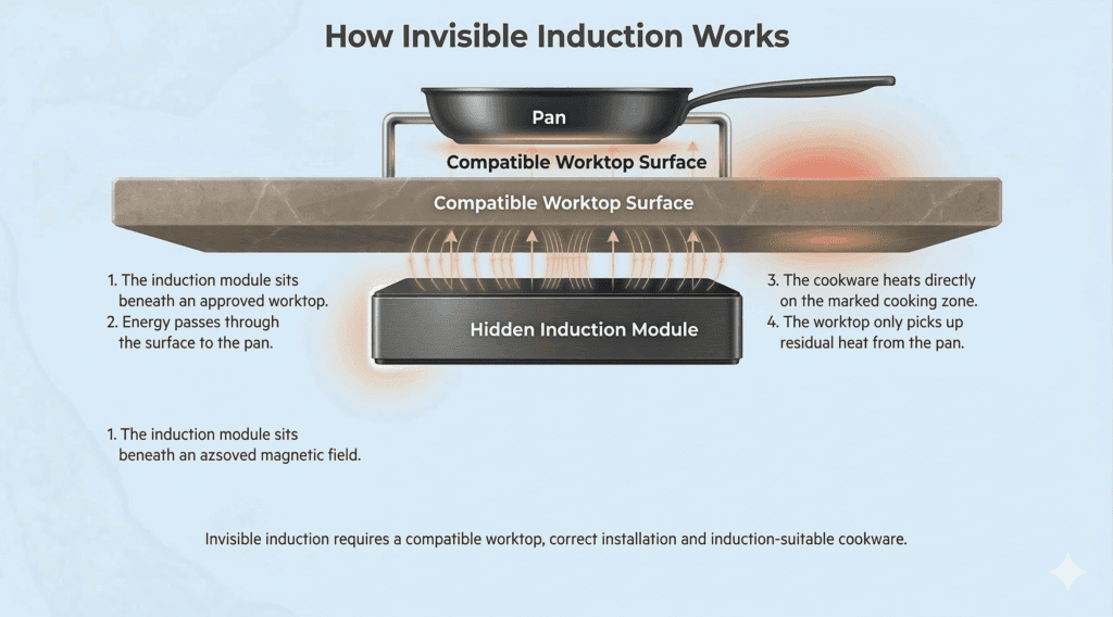 how invisible induction works diagram showing pan worktop surface and hidden induction module underneath | MHK Kitchen Experts