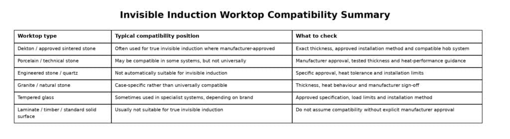 invisible induction worktop compatibility summary table showing dekton porcelain quartz granite glass and laminate positions