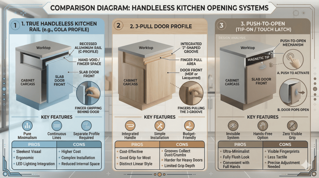 Diagram Comparing Handleless Kitchen Opening Systems | MHK Kitchen Experts