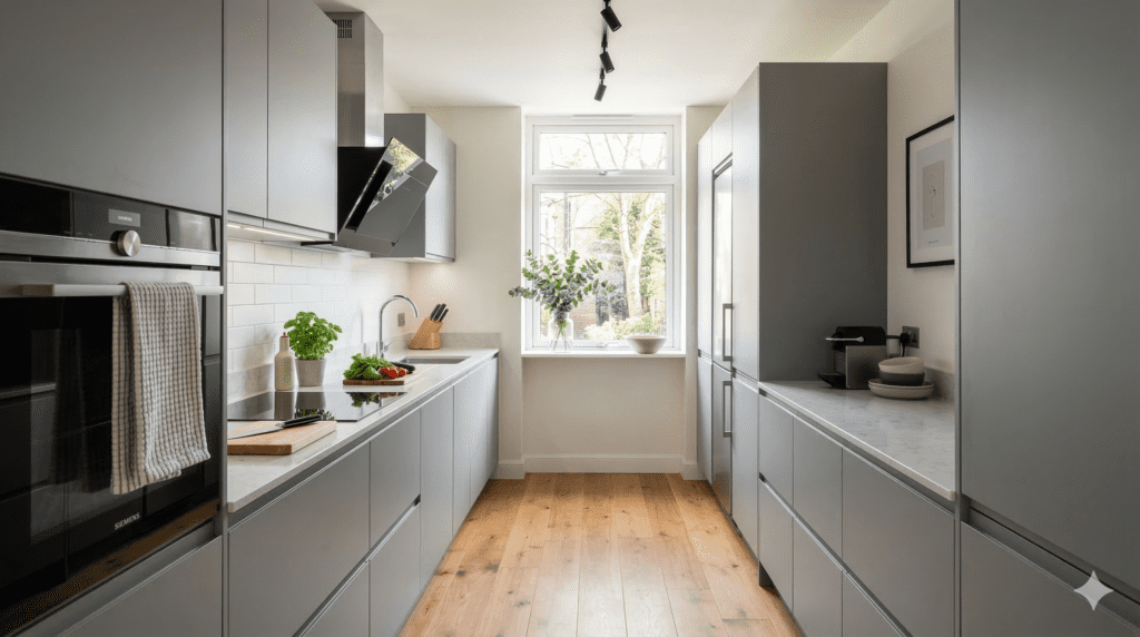 Modern Galley Kitchen Design In Grey Handleless Style | MHK Kitchen Experts