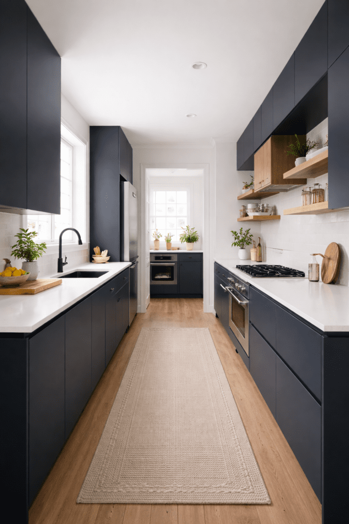 Navy Handleless Galley Kitchen Layout Torben Schmid Kitchens | MHK Kitchen Experts