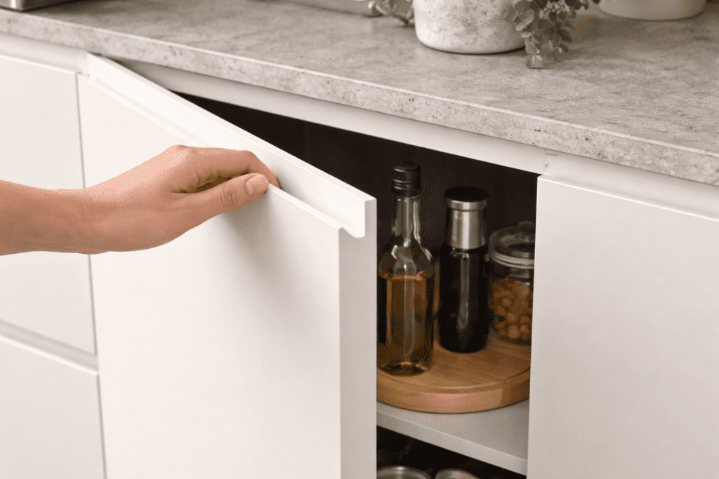White Handleless J Pull Kitchen Door | MHK Kitchen Experts